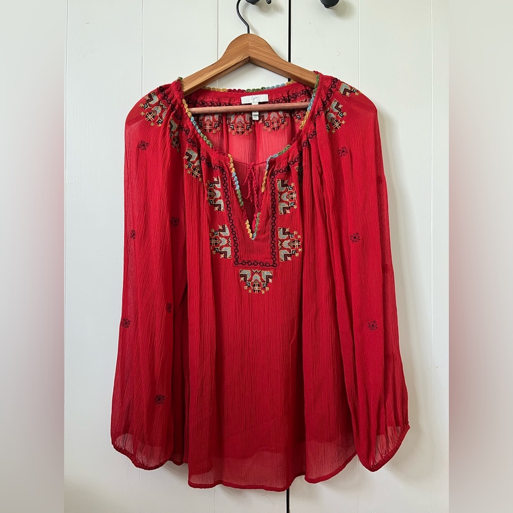Red crepe embroidered blouse